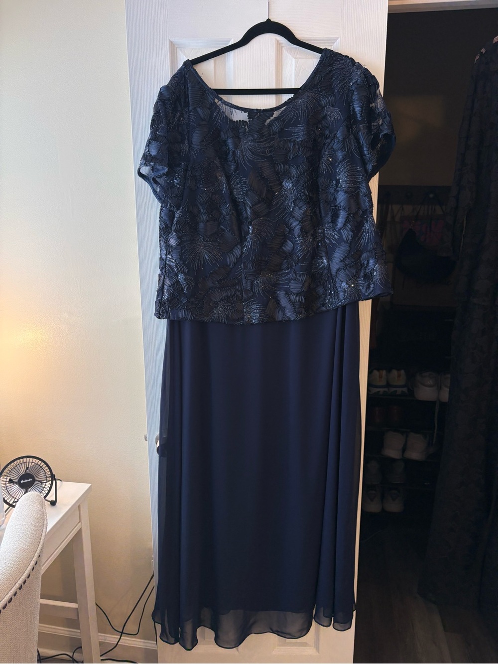 Alex Evenings Navy Blue Maxi Dress with Embellished Overlay